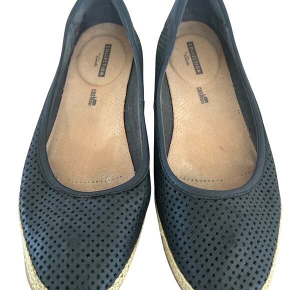 Clarks Women’s Danelly Adira Black Perforated Leather Espadrille Flats - Picture 1 of 5
